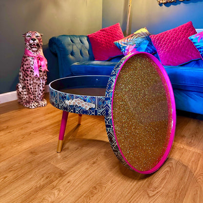 Round coffee table , art deco cheetah leopard design. Hot pink and gold glitter. Round table, lift off top for storage. End table lounge