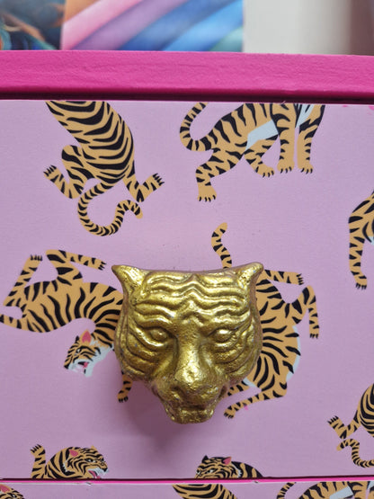 Pink Tiger square bedside table, two drawers, ideal nightstand. Flamingo and baby pink with gold. Customisable