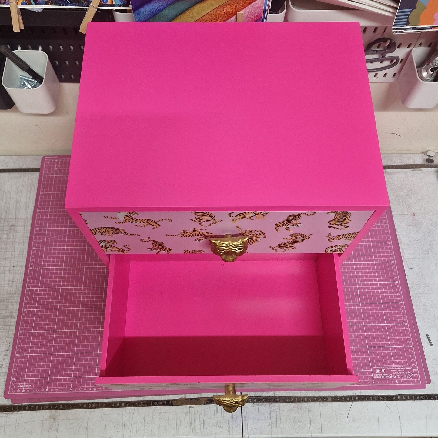 Pink Tiger square bedside table, two drawers, ideal nightstand. Flamingo and baby pink with gold. Customisable