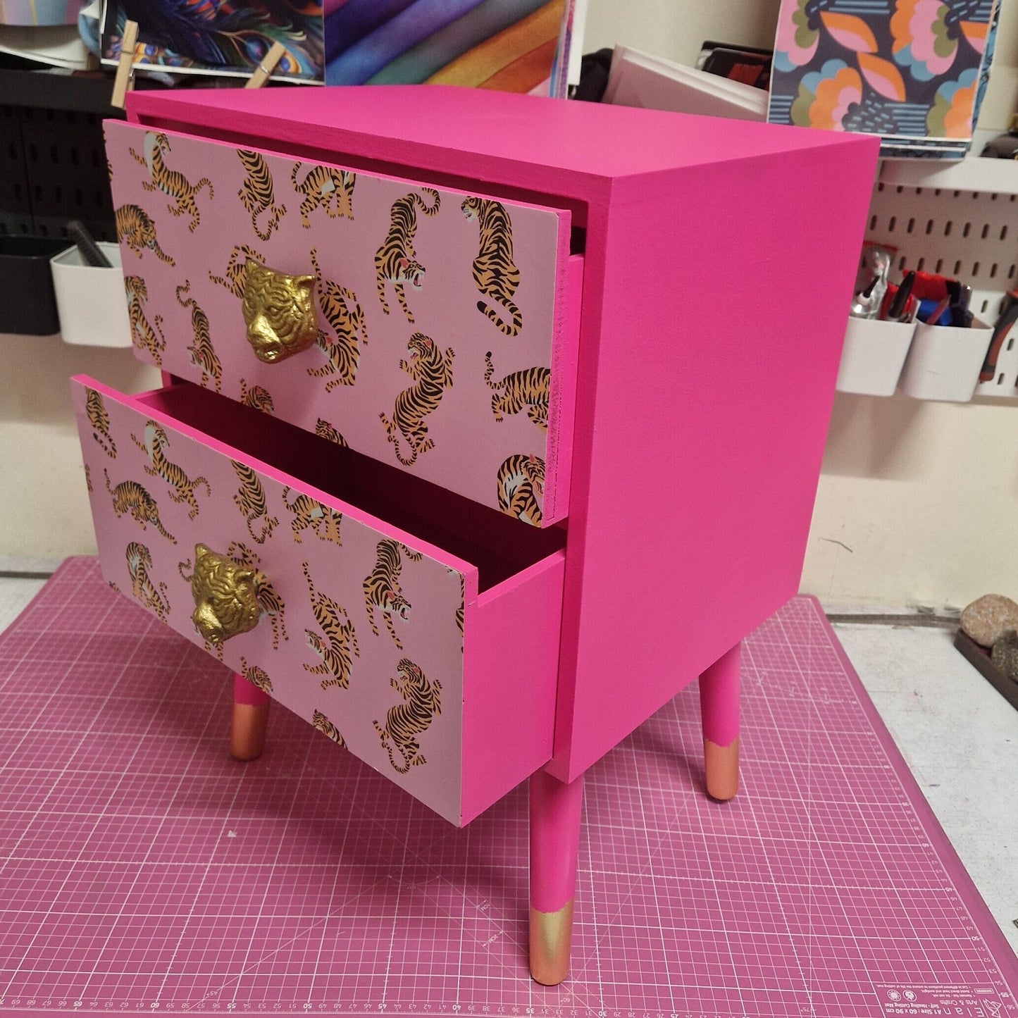 Pink Tiger square bedside table, two drawers, ideal nightstand. Flamingo and baby pink with gold. Customisable