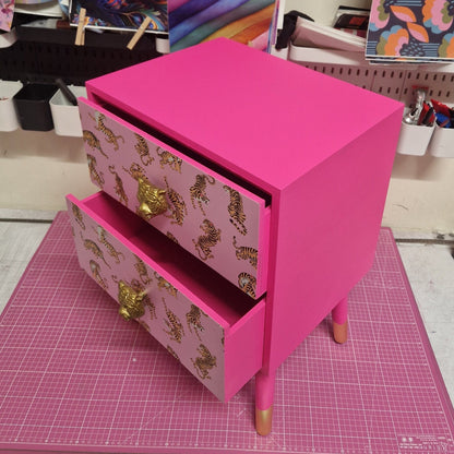 Pink Tiger square bedside table, two drawers, ideal nightstand. Flamingo and baby pink with gold. Customisable