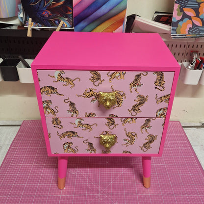 Pink Tiger square bedside table, two drawers, ideal nightstand. Flamingo and baby pink with gold. Customisable