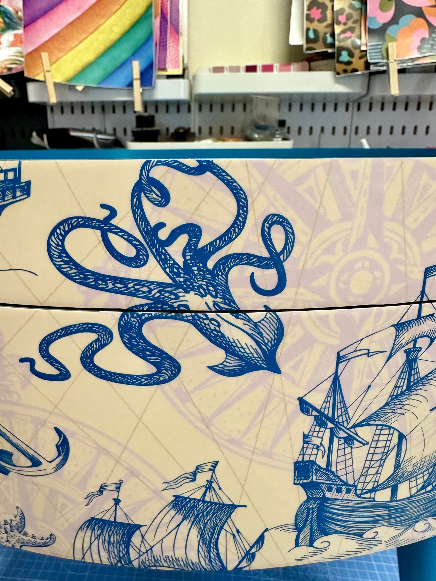 Round coffee table , Nautical sea design, blue, teal and cream. Boat decor. Round table, lift off top with storage . End table lounge