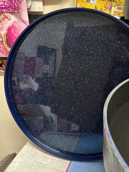 Round coffee table , peacock design, blue, teal  turquoise feathers. Navy Glitter . Round table, lift off top for storage. End table lounge