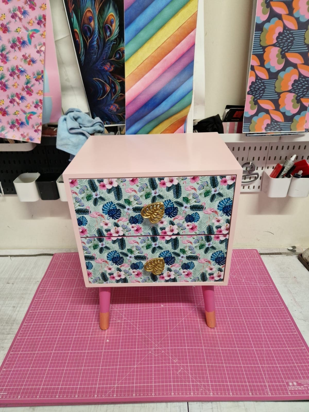 Light and dark pink mint flamingo square bedside table, two drawers, ideal nightstand. Flamingo and baby pink with gold. Customisable