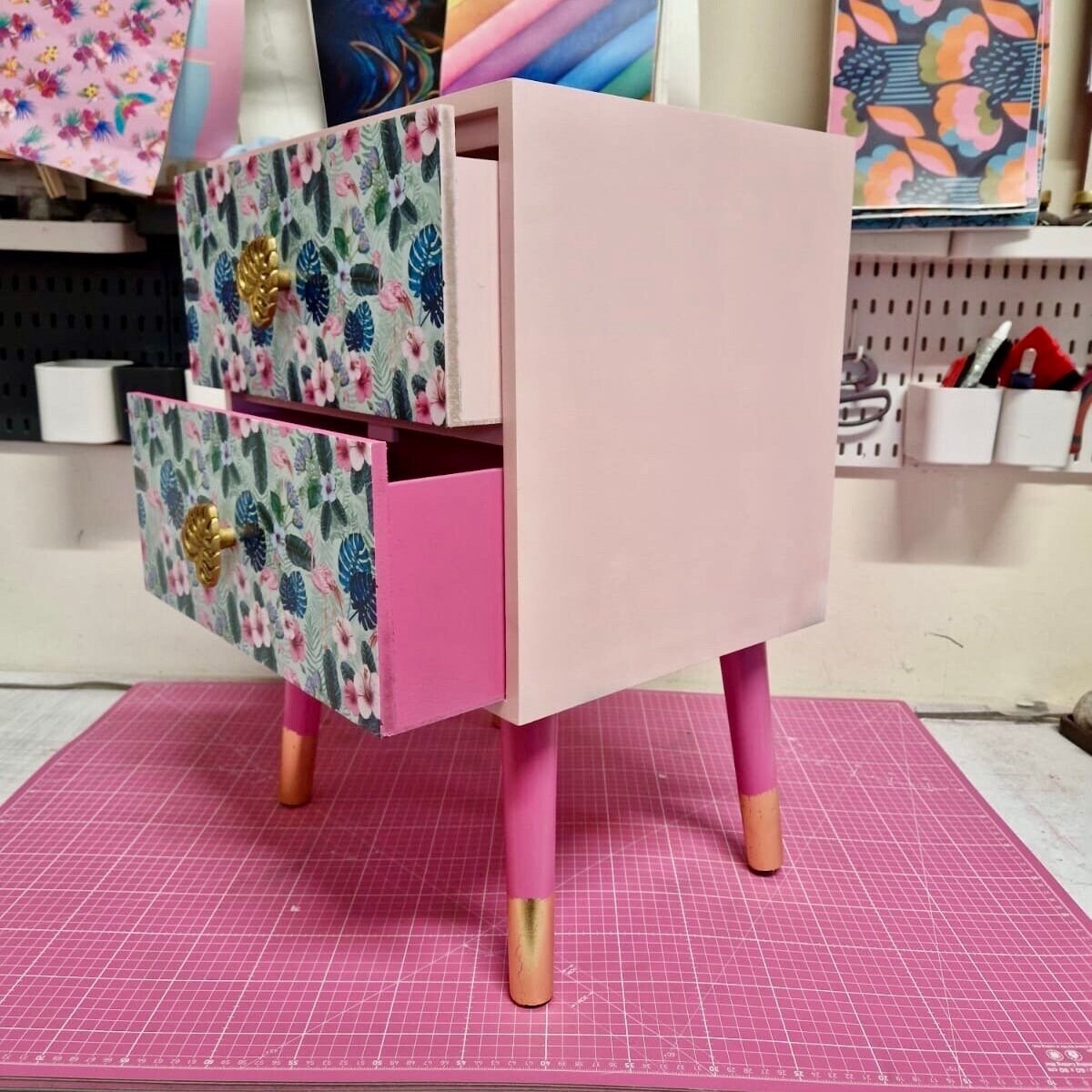 Light and dark pink mint flamingo square bedside table, two drawers, ideal nightstand. Flamingo and baby pink with gold. Customisable