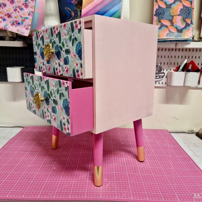 Light and dark pink mint flamingo square bedside table, two drawers, ideal nightstand. Flamingo and baby pink with gold. Customisable