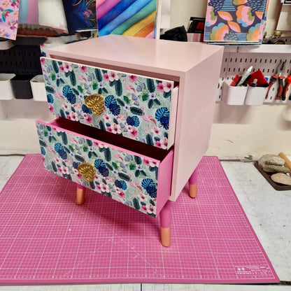 Light and dark pink mint flamingo square bedside table, two drawers, ideal nightstand. Flamingo and baby pink with gold. Customisable