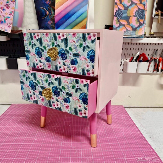Light and dark pink mint flamingo square bedside table, two drawers, ideal nightstand. Flamingo and baby pink with gold. Customisable