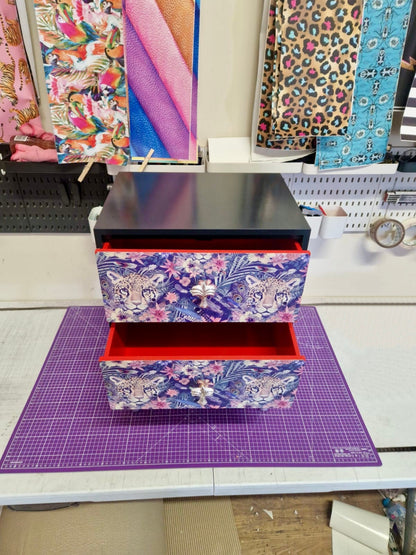 Navy blue and red square bedside table, two drawers, ideal nightstand. Leopard and floral design with silver. Customisable