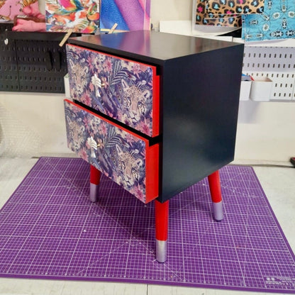 Navy blue and red square bedside table, two drawers, ideal nightstand. Leopard and floral design with silver. Customisable