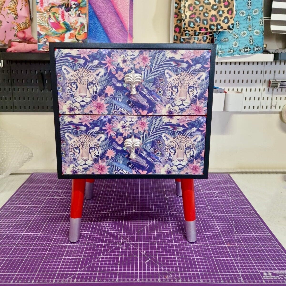 Navy blue and red square bedside table, two drawers, ideal nightstand. Leopard and floral design with silver. Customisable