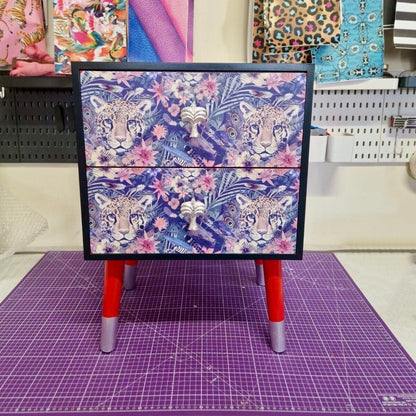 Navy blue and red square bedside table, two drawers, ideal nightstand. Leopard and floral design with silver. Customisable