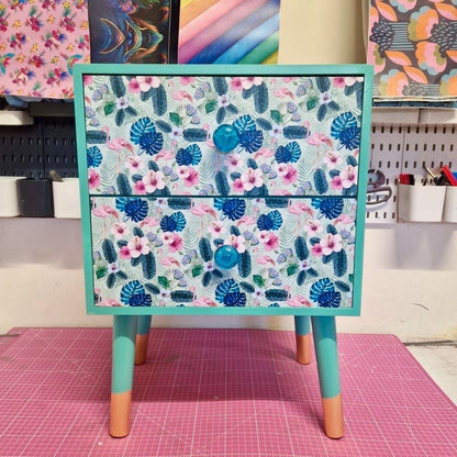 Mint and blue  flamingo square bedside table, two drawers, ideal nightstand. Flamingo and tropical leaf design pink with gold. Customisable