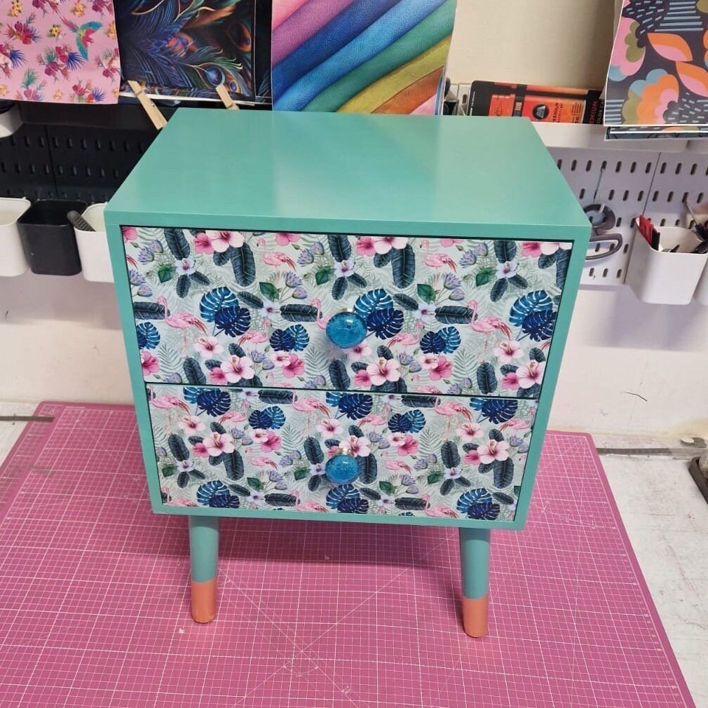 Mint and blue  flamingo square bedside table, two drawers, ideal nightstand. Flamingo and tropical leaf design pink with gold. Customisable