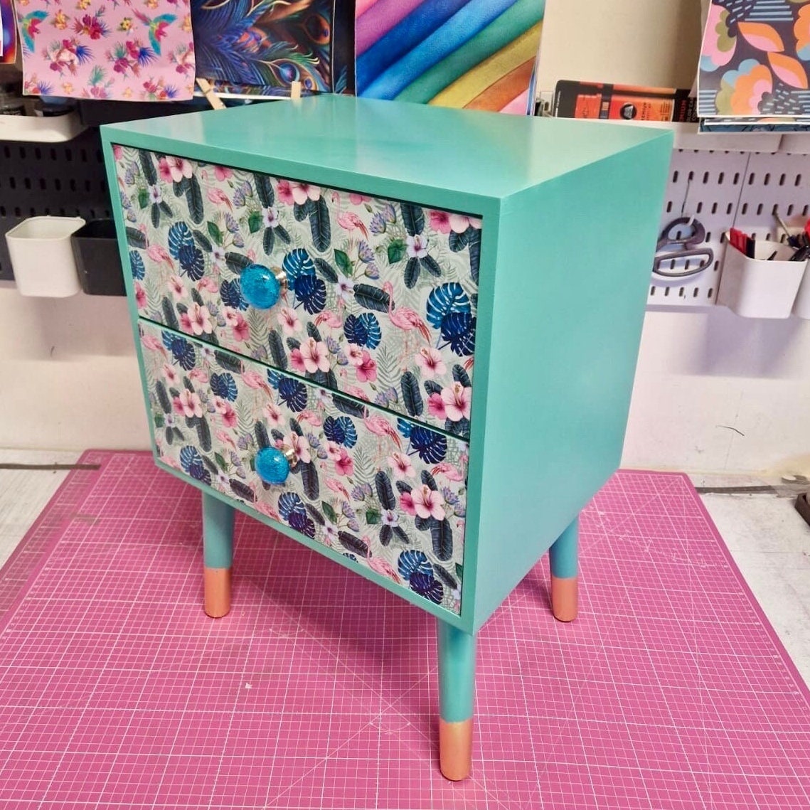 Mint and blue  flamingo square bedside table, two drawers, ideal nightstand. Flamingo and tropical leaf design pink with gold. Customisable