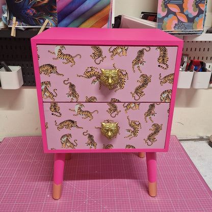 Pink Tiger square bedside table, two drawers, ideal nightstand. Flamingo and baby pink with gold. Customisable