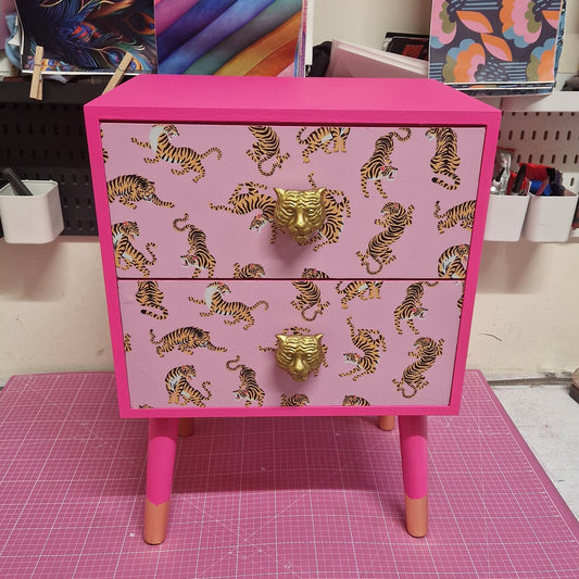 Pink Tiger square bedside table, two drawers, ideal nightstand. Flamingo and baby pink with gold. Customisable