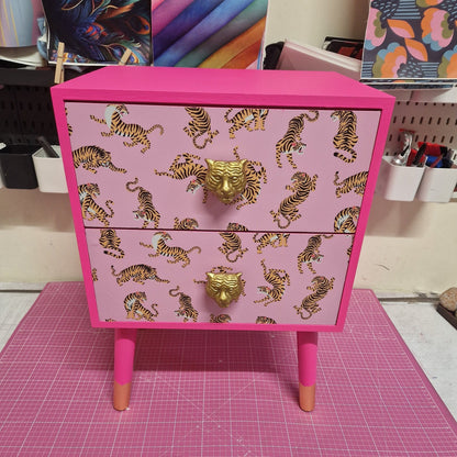 Pink Tiger square bedside table, two drawers, ideal nightstand. Flamingo and baby pink with gold. Customisable