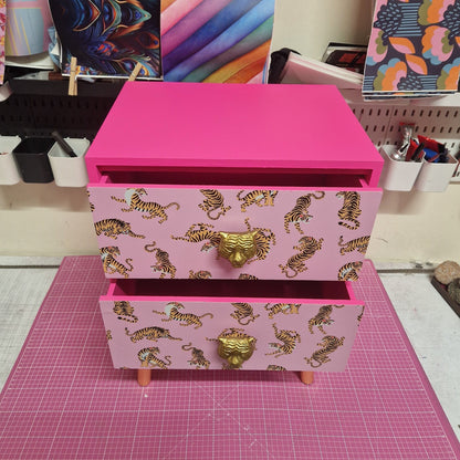 Pink Tiger square bedside table, two drawers, ideal nightstand. Flamingo and baby pink with gold. Customisable