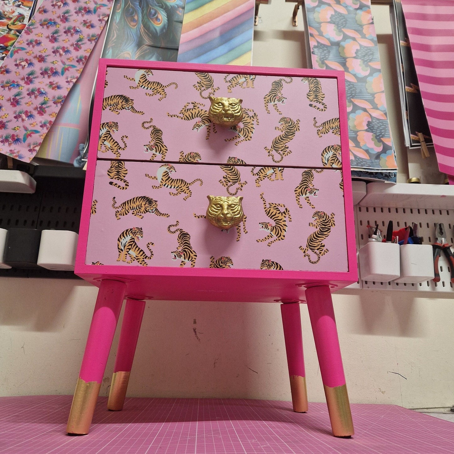 Pink Tiger square bedside table, two drawers, ideal nightstand. Flamingo and baby pink with gold. Customisable