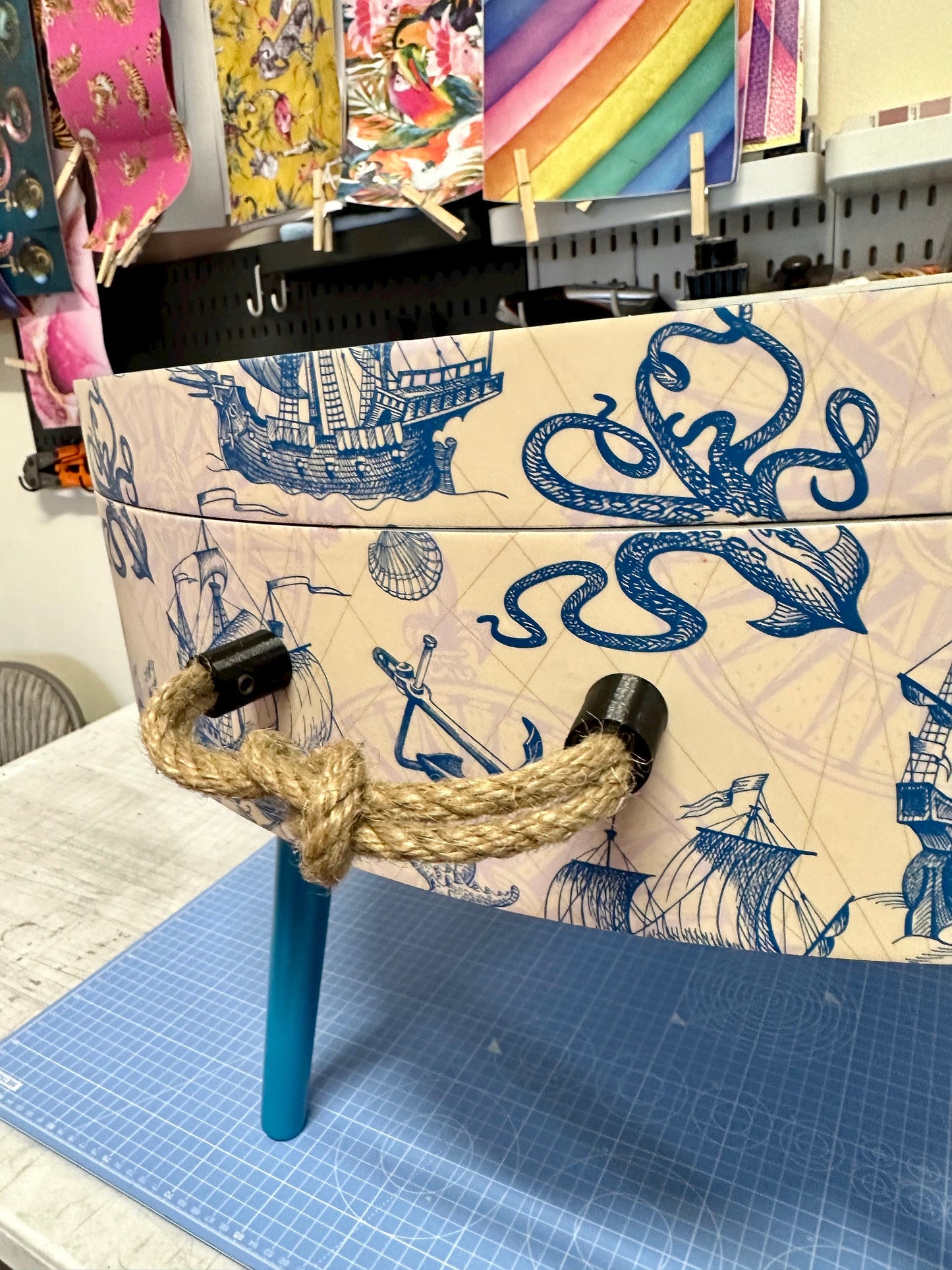 Round coffee table , Nautical sea design, blue, teal and cream. Boat decor. Round table, lift off top with storage . End table lounge