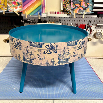 Round coffee table , Nautical sea design, blue, teal and cream. Boat decor. Round table, lift off top with storage . End table lounge
