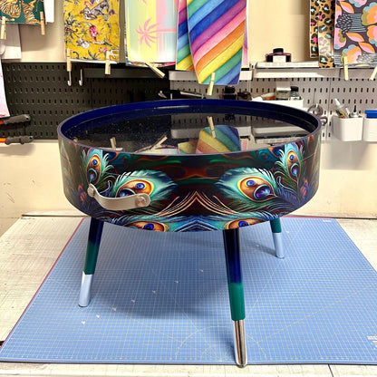 Round coffee table , peacock design, blue, teal  turquoise feathers. Navy Glitter . Round table, lift off top for storage. End table lounge