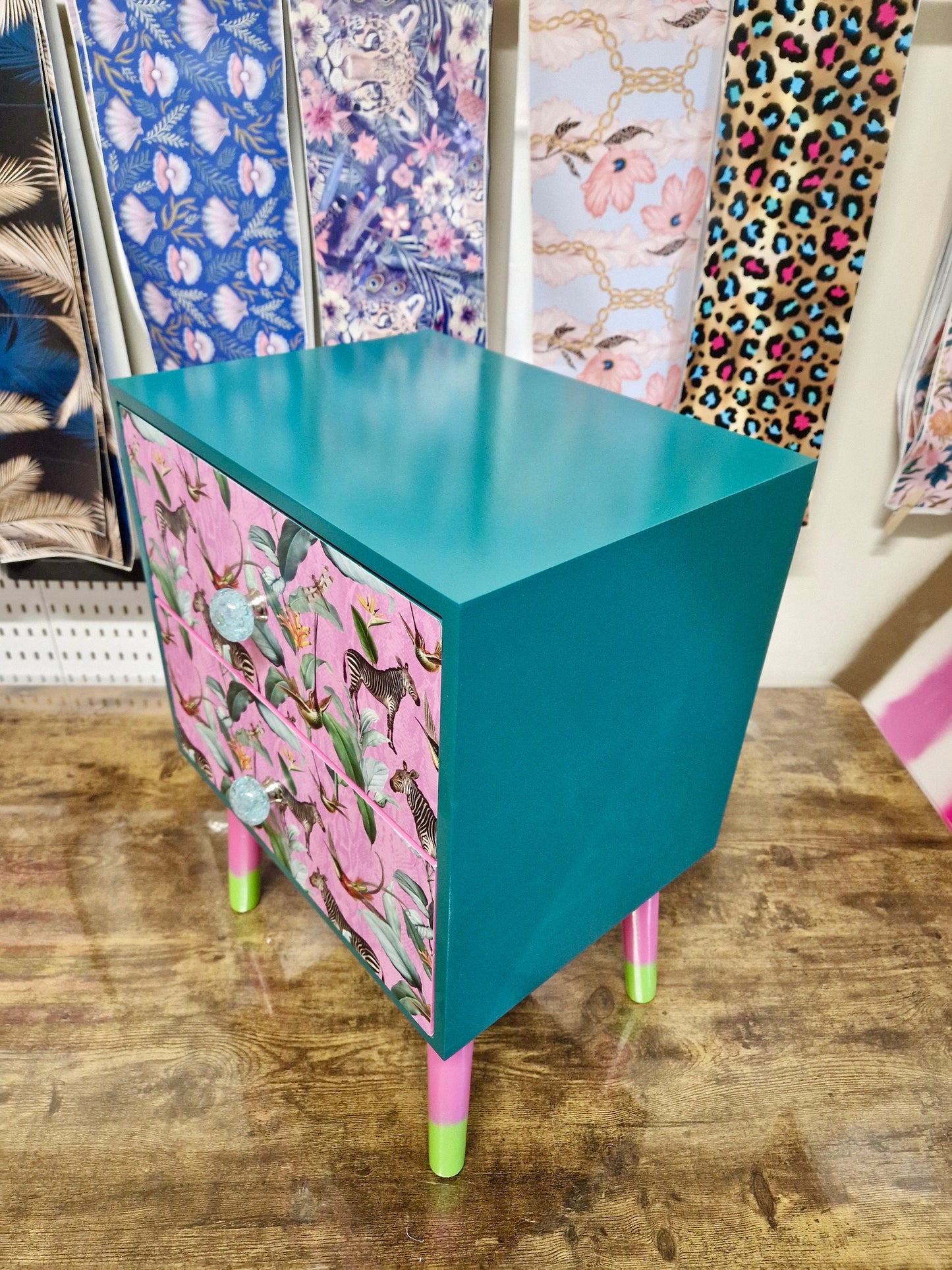 Pine teal green & flamingo pink square bedside table, two drawers, ideal nightstand. Zebra and tropical leaf design. Customisable end table