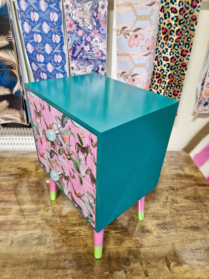Pine teal green & flamingo pink square bedside table, two drawers, ideal nightstand. Zebra and tropical leaf design. Customisable end table