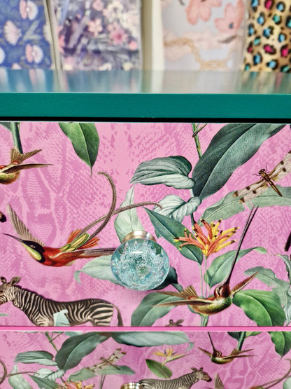 Pine teal green & flamingo pink square bedside table, two drawers, ideal nightstand. Zebra and tropical leaf design. Customisable end table