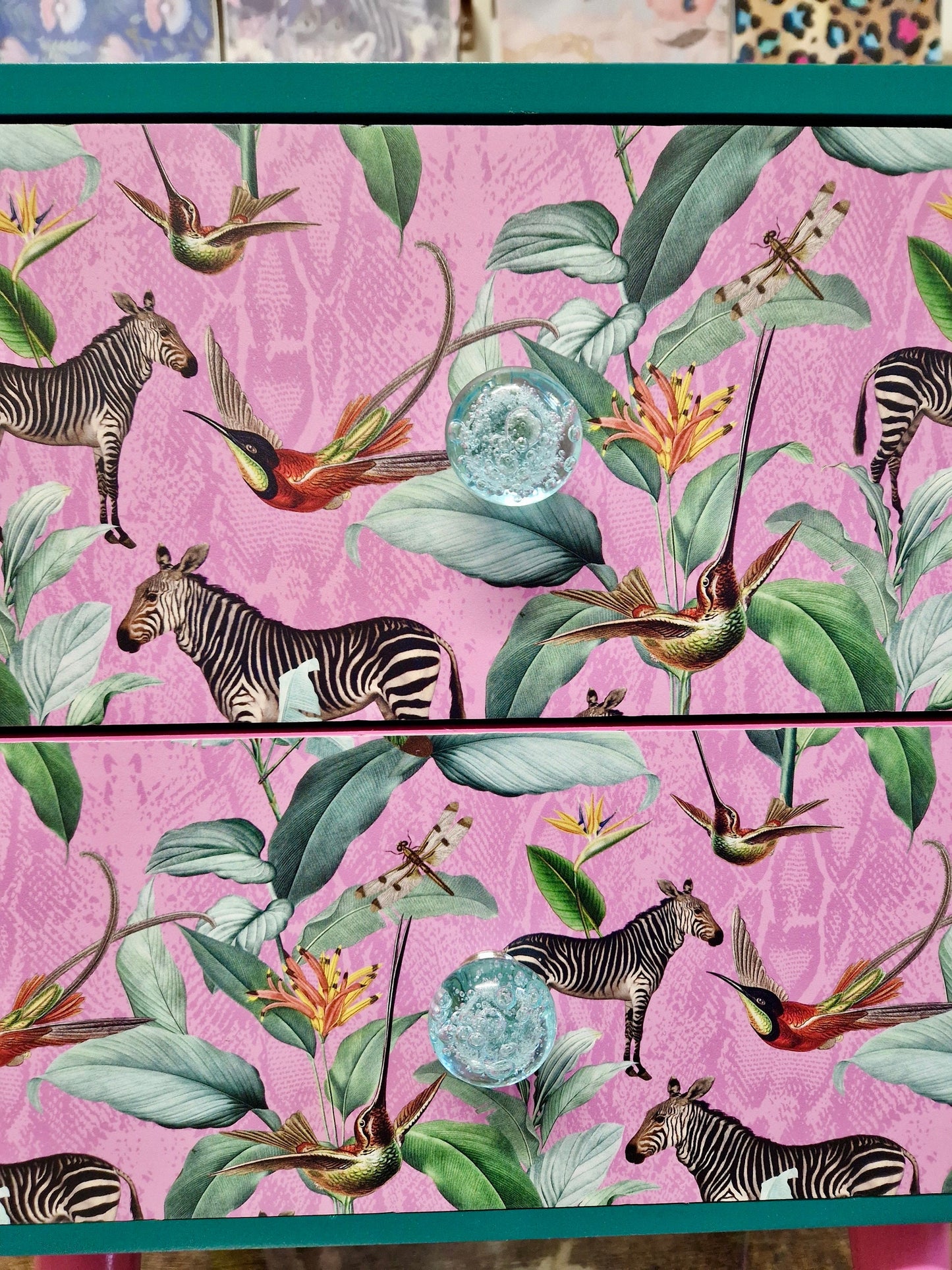 Pine teal green & flamingo pink square bedside table, two drawers, ideal nightstand. Zebra and tropical leaf design. Customisable end table