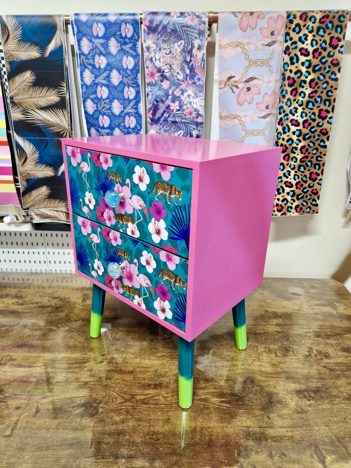 Light Pink and teal nightstand. Flamingo, flower and tropical leaf design bedside table. Customisable end table