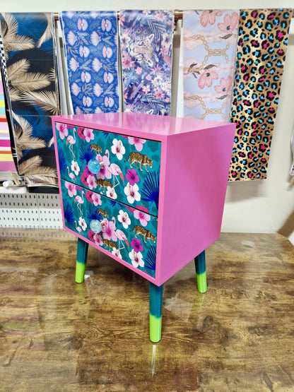 Light Pink and teal nightstand. Flamingo, flower and tropical leaf design bedside table. Customisable end table