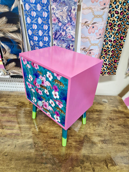 Light Pink and teal nightstand. Flamingo, flower and tropical leaf design bedside table. Customisable end table