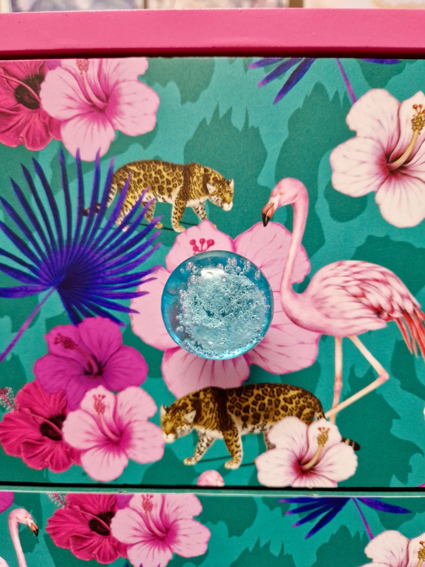 Light Pink and teal nightstand. Flamingo, flower and tropical leaf design bedside table. Customisable end table