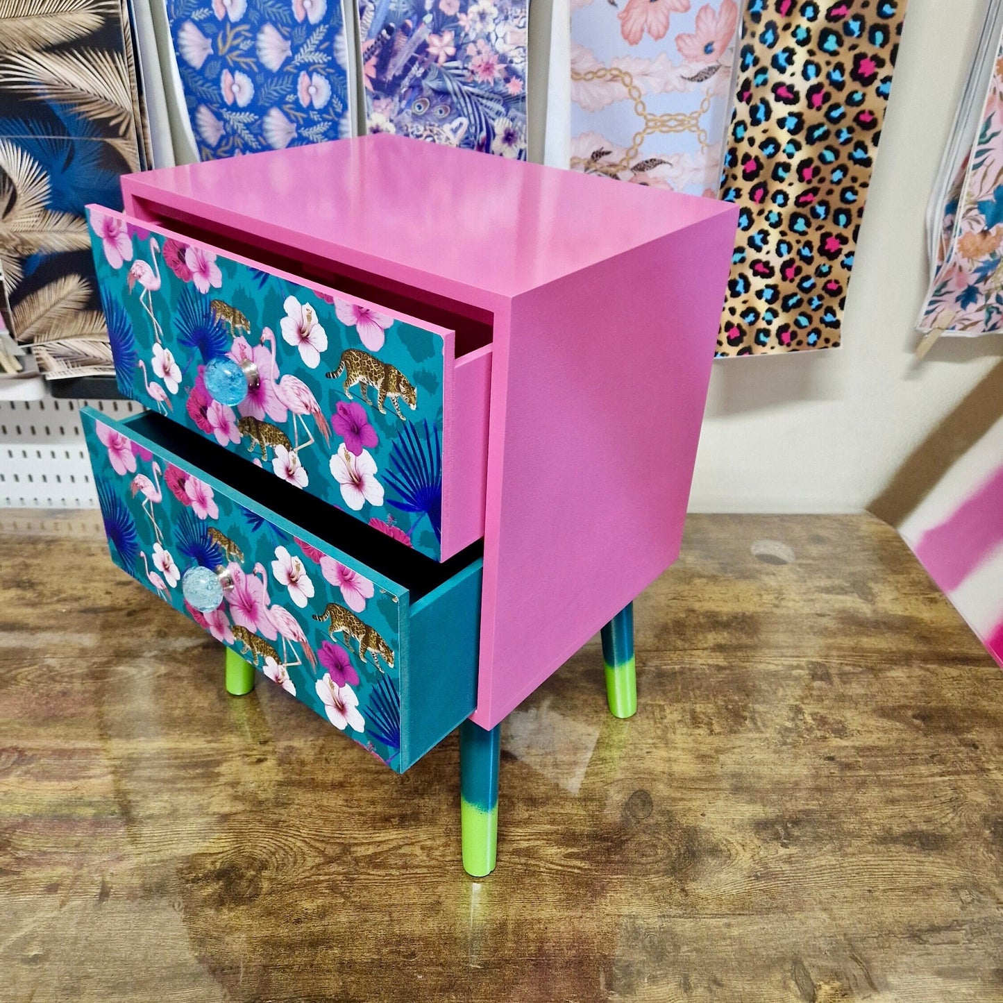 Light Pink and teal nightstand. Flamingo, flower and tropical leaf design bedside table. Customisable end table