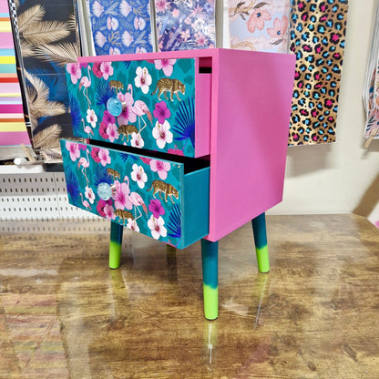 Light Pink and teal nightstand. Flamingo, flower and tropical leaf design bedside table. Customisable end table