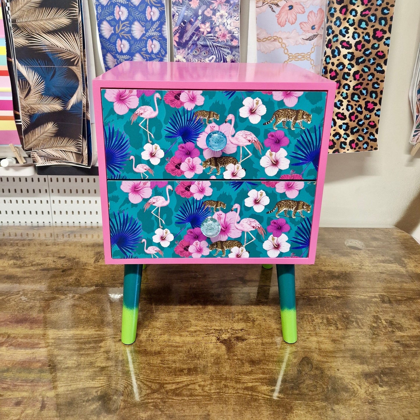 Light Pink and teal nightstand. Flamingo, flower and tropical leaf design bedside table. Customisable end table