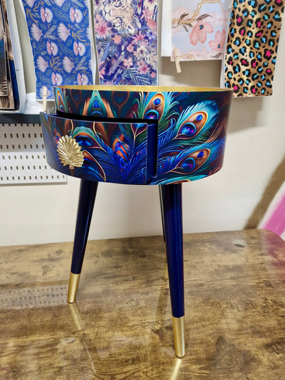 Peacock - Gold side table, blue, green and teal jewel colours, opulent nightstand, gold and navy bedside table, round small table