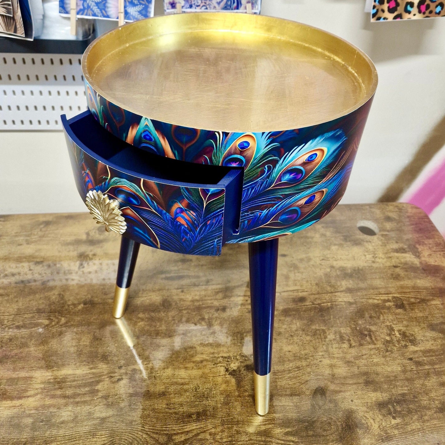 Peacock - Gold side table, blue, green and teal jewel colours, opulent nightstand, gold and navy bedside table, round small table