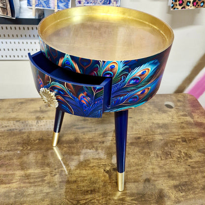 Peacock - Gold side table, blue, green and teal jewel colours, opulent nightstand, gold and navy bedside table, round small table