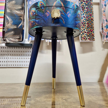 Peacock - Gold side table, blue, green and teal jewel colours, opulent nightstand, gold and navy bedside table, round small table