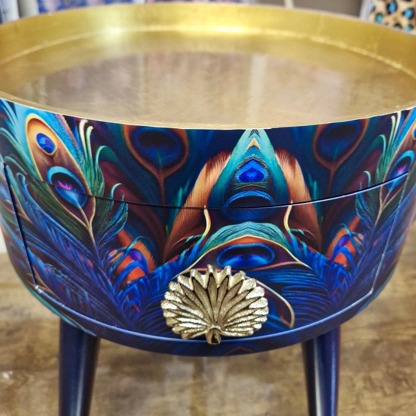 Peacock - Gold side table, blue, green and teal jewel colours, opulent nightstand, gold and navy bedside table, round small table