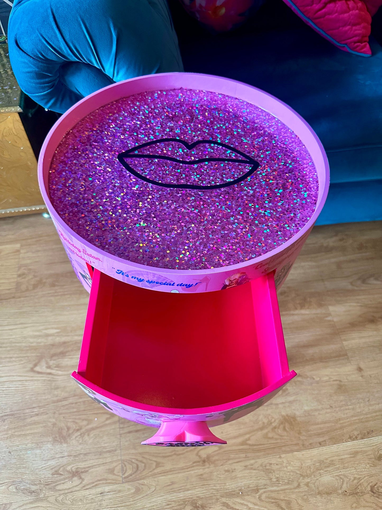 Hot Pink drag race bedside table glitter top . Fun Bright Home Decor . Ideal for Nightstand or side table. RuPaul drag race merchandise