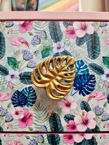 Light and dark pink mint flamingo square bedside table, two drawers, ideal nightstand. Flamingo and baby pink with gold. Customisable