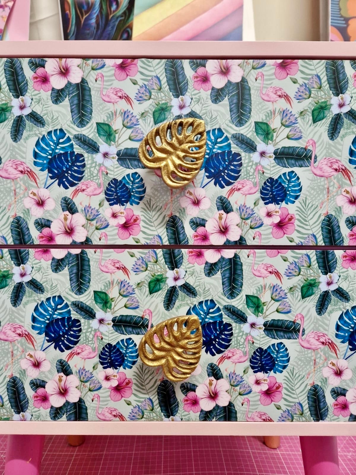 Light and dark pink mint flamingo square bedside table, two drawers, ideal nightstand. Flamingo and baby pink with gold. Customisable