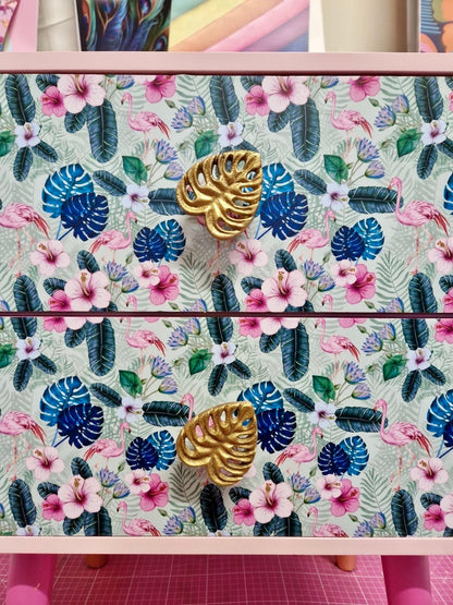 Light and dark pink mint flamingo square bedside table, two drawers, ideal nightstand. Flamingo and baby pink with gold. Customisable