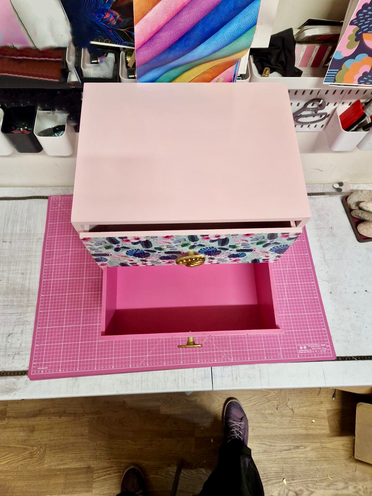 Light and dark pink mint flamingo square bedside table, two drawers, ideal nightstand. Flamingo and baby pink with gold. Customisable