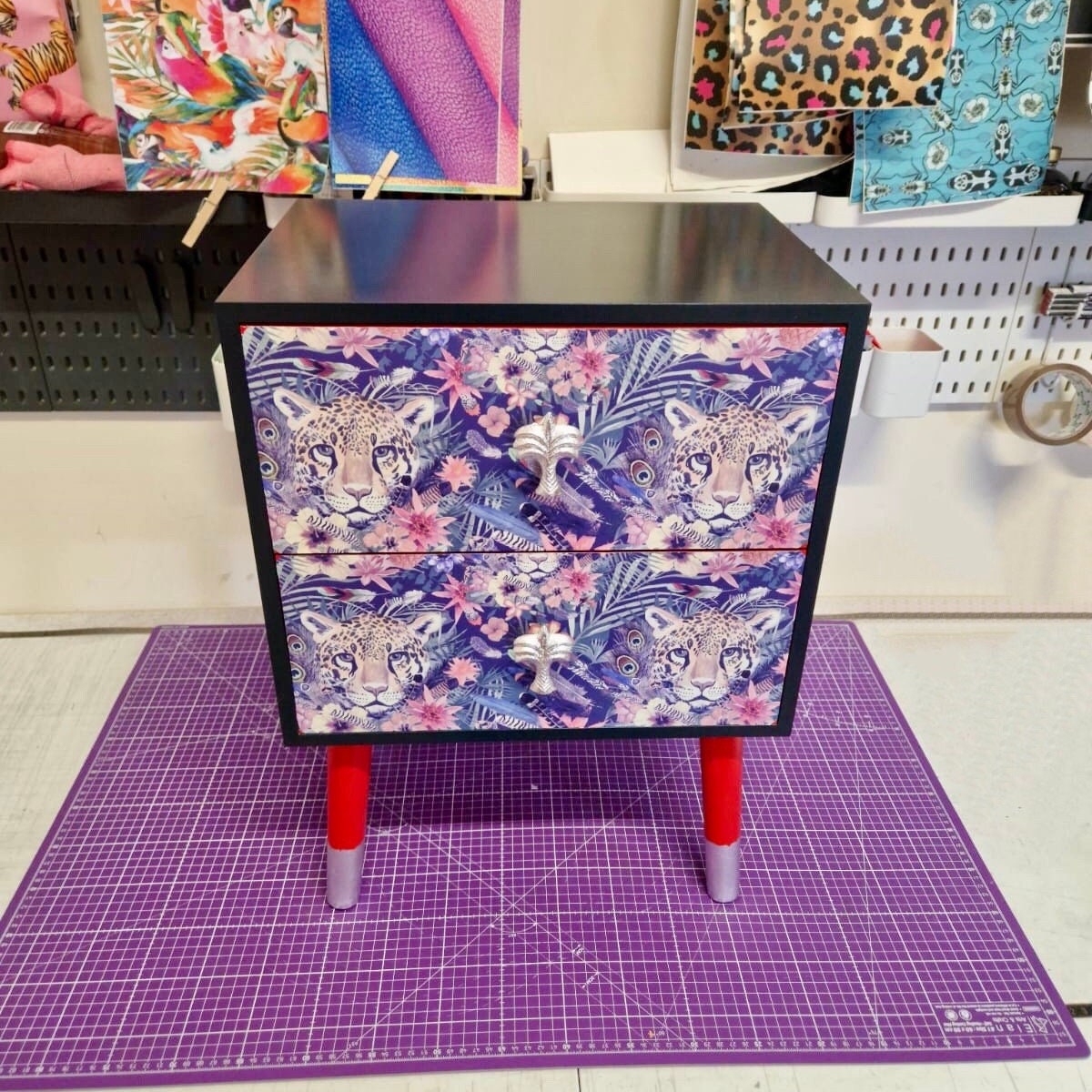 Navy blue and red square bedside table, two drawers, ideal nightstand. Leopard and floral design with silver. Customisable